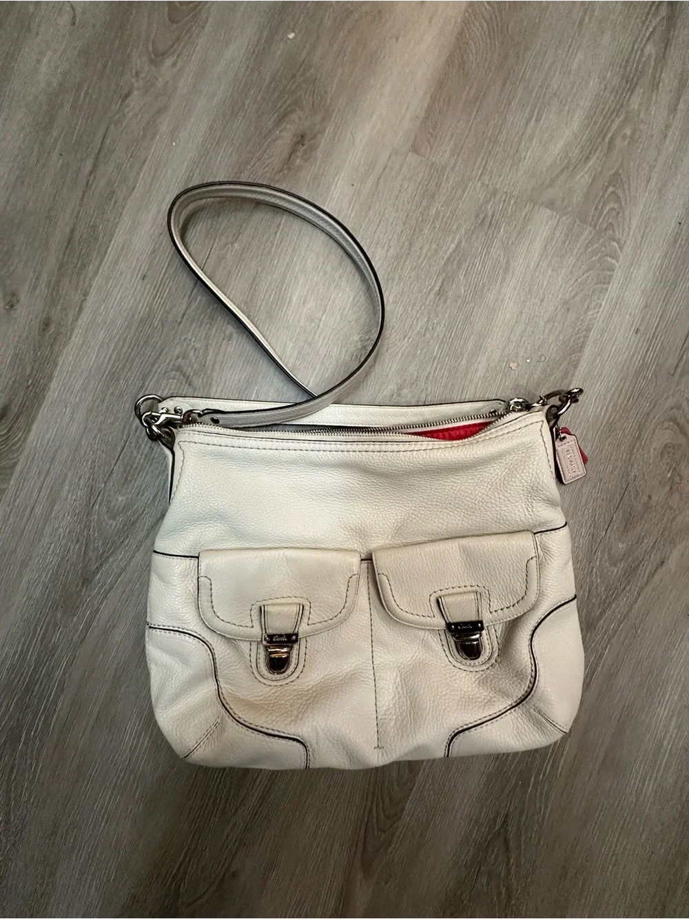 Coach White Leather Hobo Poppy Avery with Dual Front Buckle Pockets
